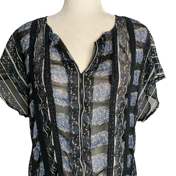 Lucky Brand Sheer High Low Dress M Black Floral Short Sleeve V Neck Crochet Lace - Picture 2 of 6